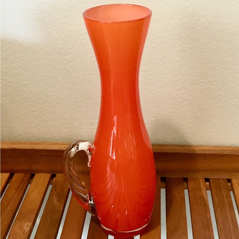 Vintage 60’s-70’s Orange Cased Glass Pitcher Vase w Clear Handle 7.5” H